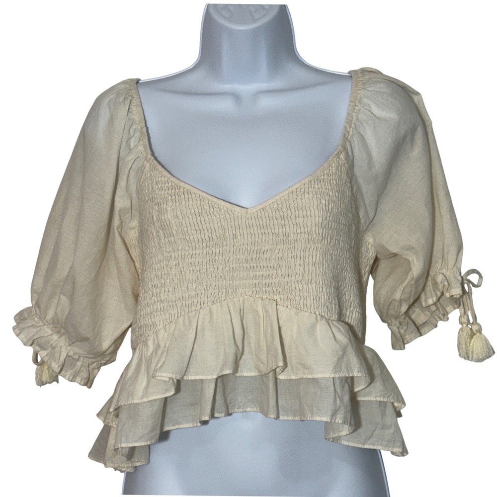 Jacquie the‎ Label Cream Smocked Ruffled Peplum Top Sz Large Coquette Prairie
